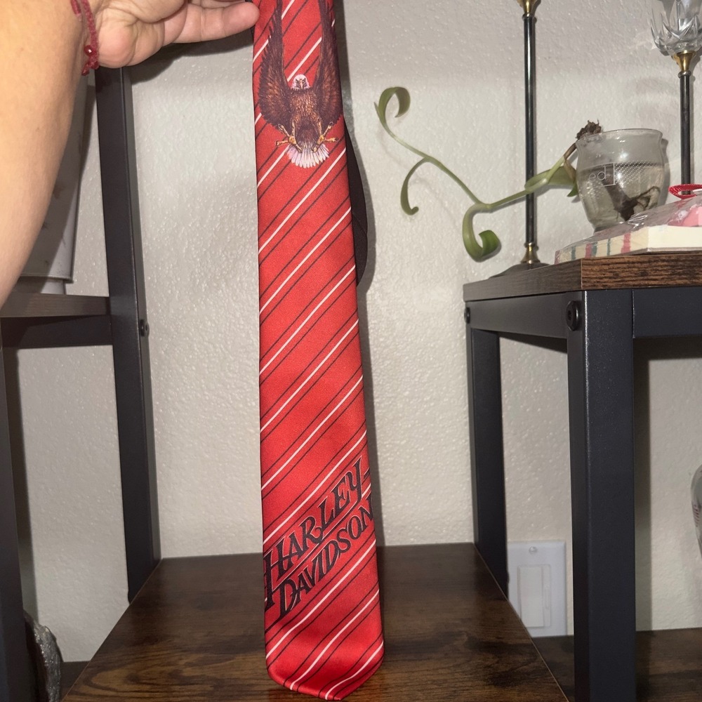 Vintage Harley Davidson Ralph Marlin Red Striped Eagle Necktie USA Made Tie
